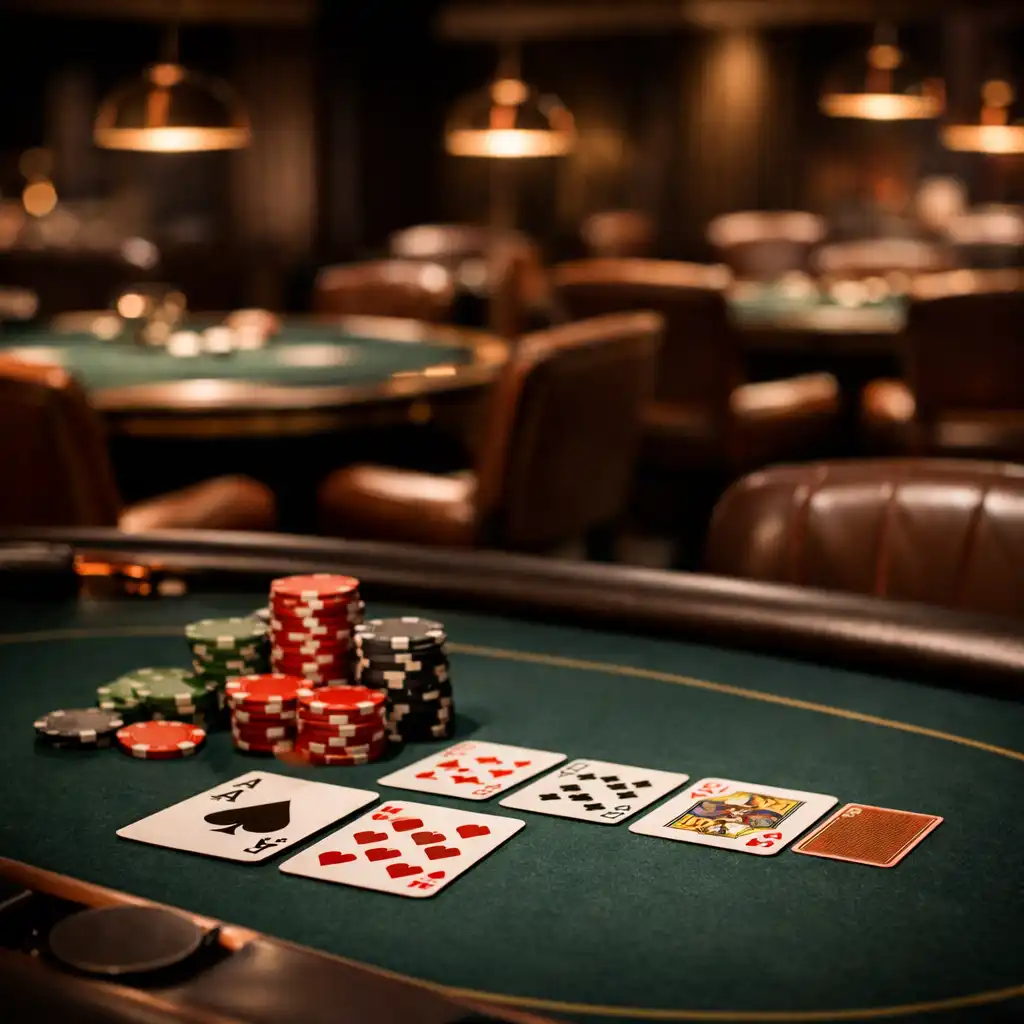 The card room with professional poker tables, leather chairs, and focused lighting