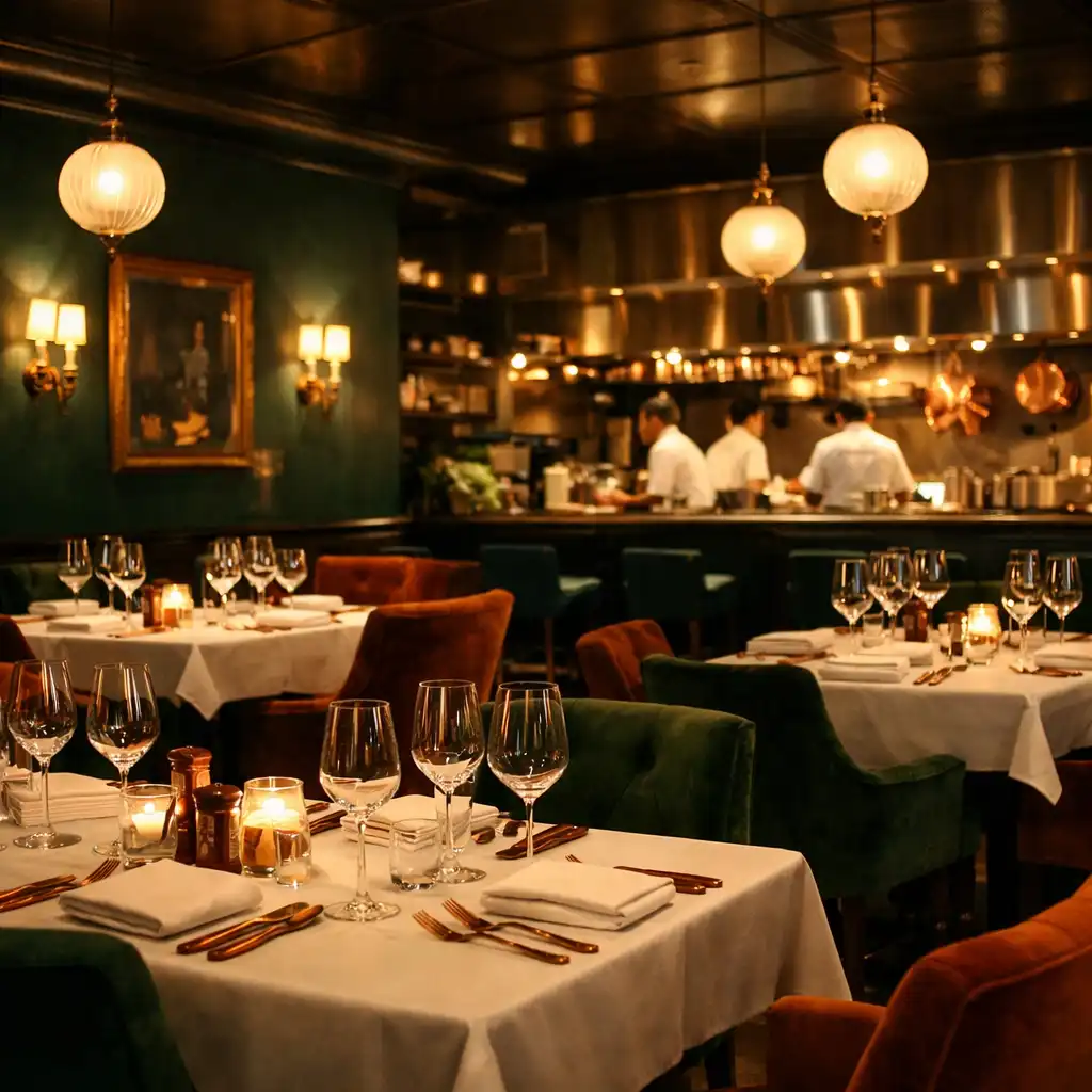The dining room with dark emerald walls, velvet chairs, and tables set with copper cutlery
