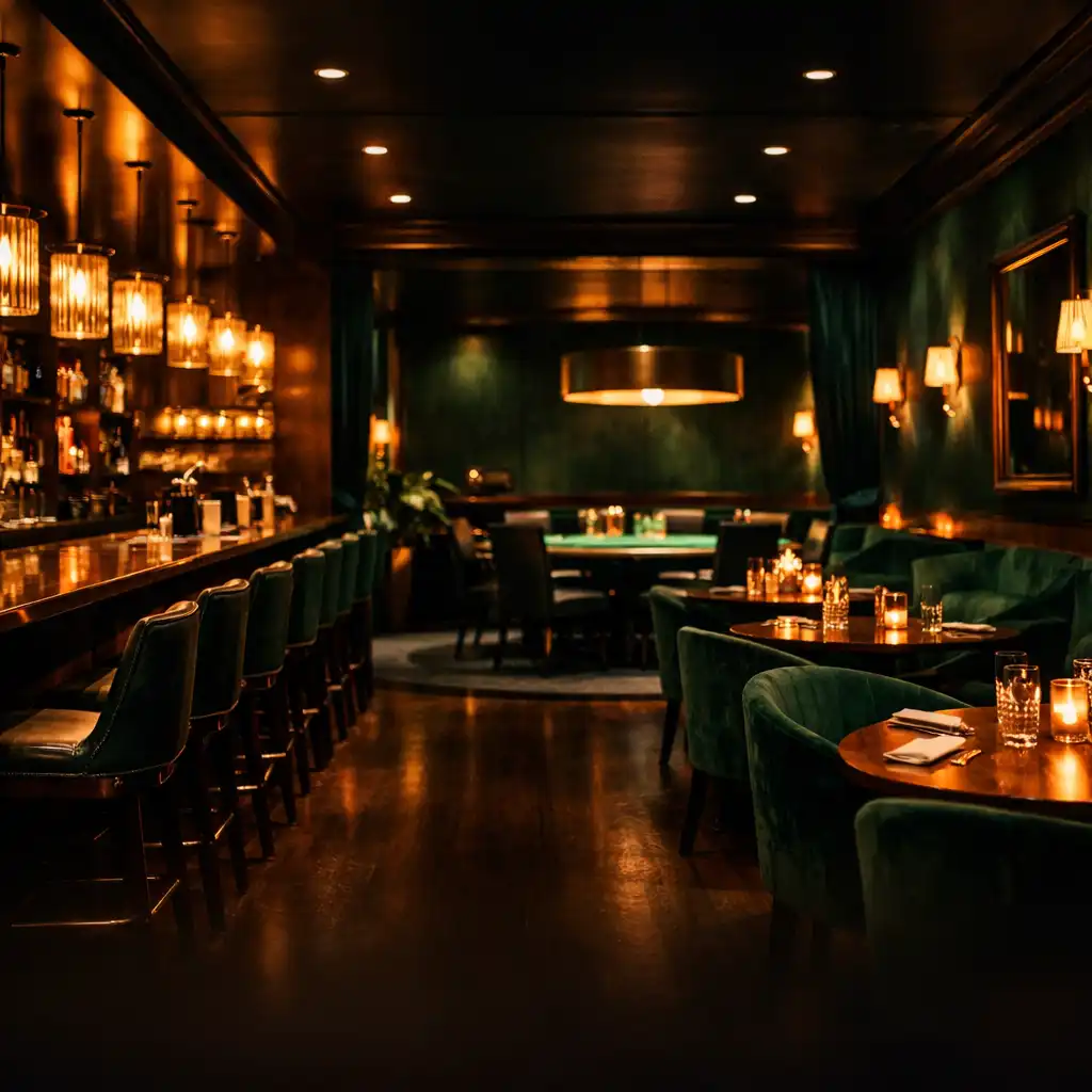 Interior of Velvet Poker House showing dark emerald walls, plush seating, and copper accents