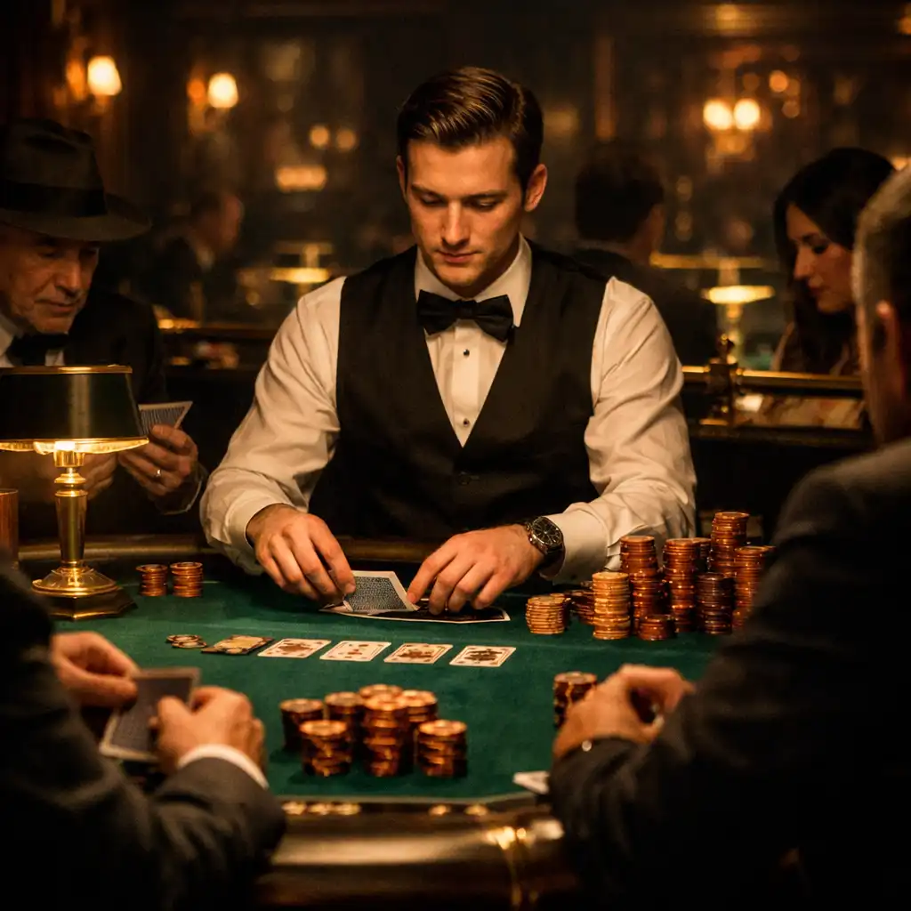 Poker tables with dark emerald felt and professional dealers in the private card room