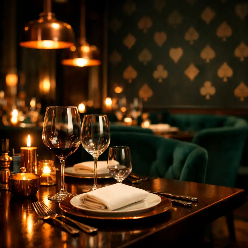 Interior of the Velvet Poker House dining room with dark emerald walls and copper light fixtures