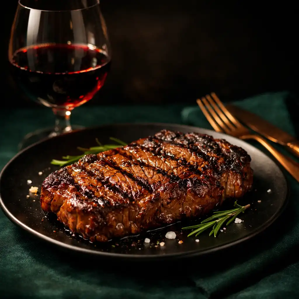 Grilled steak with a glass of red wine on a dark emerald tablecloth