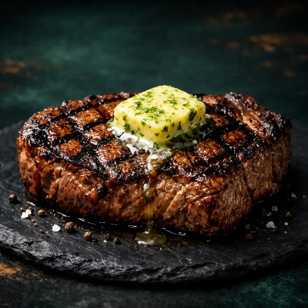 A perfectly grilled ribeye steak with char marks and melting herb butter on a dark plate
