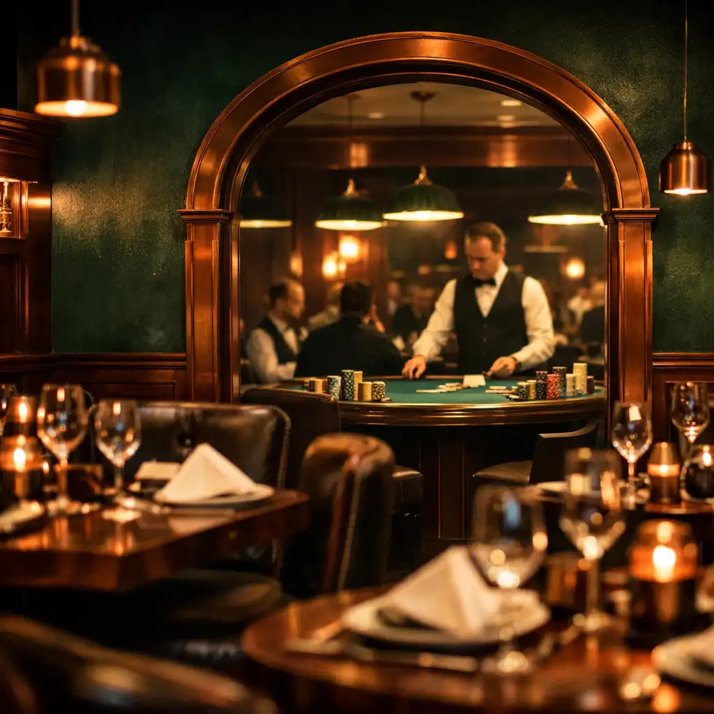 Dark emerald steakhouse dining room with a view through an archway into the private card lounge