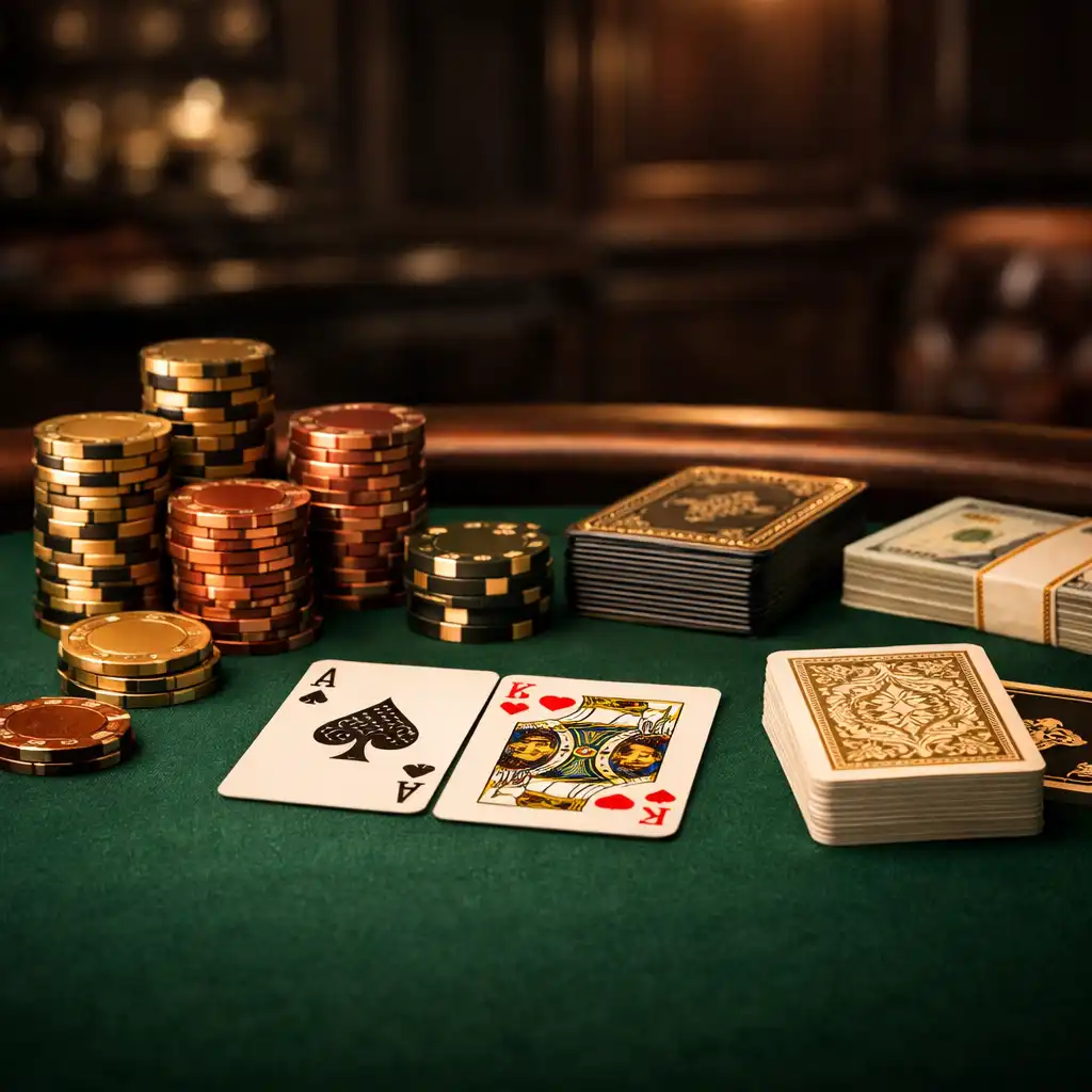 Close-up of a high roller poker table with premium felt and copper chip stacks