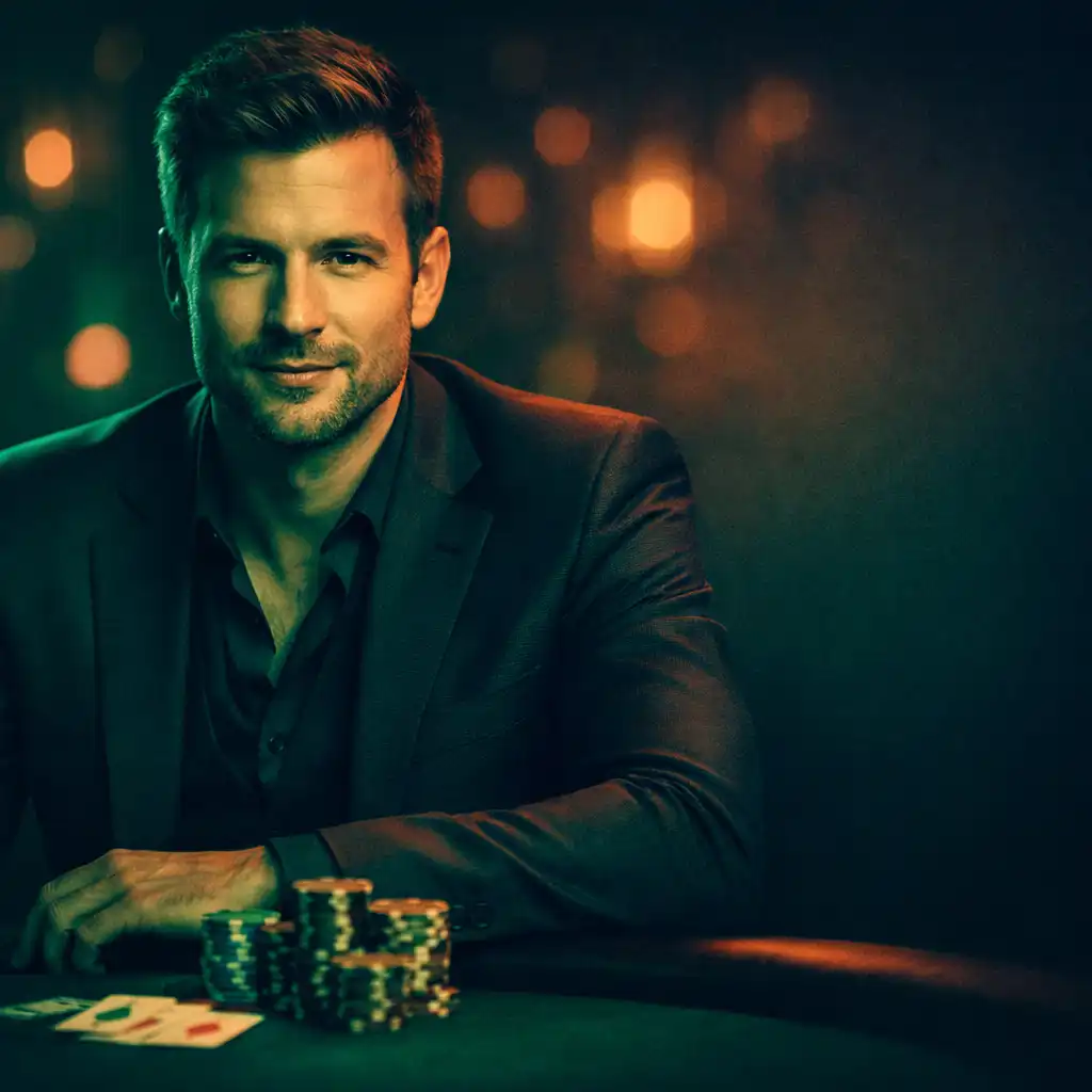 Portrait of Marcus Chen, a confident male poker player in a tailored charcoal suit