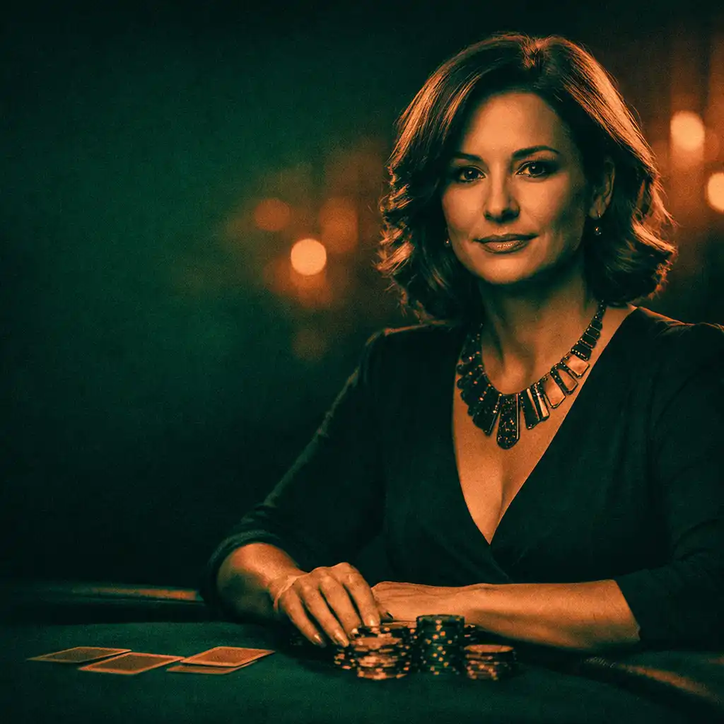 Portrait of Elena Rossi, a poised female poker player in an elegant black dress