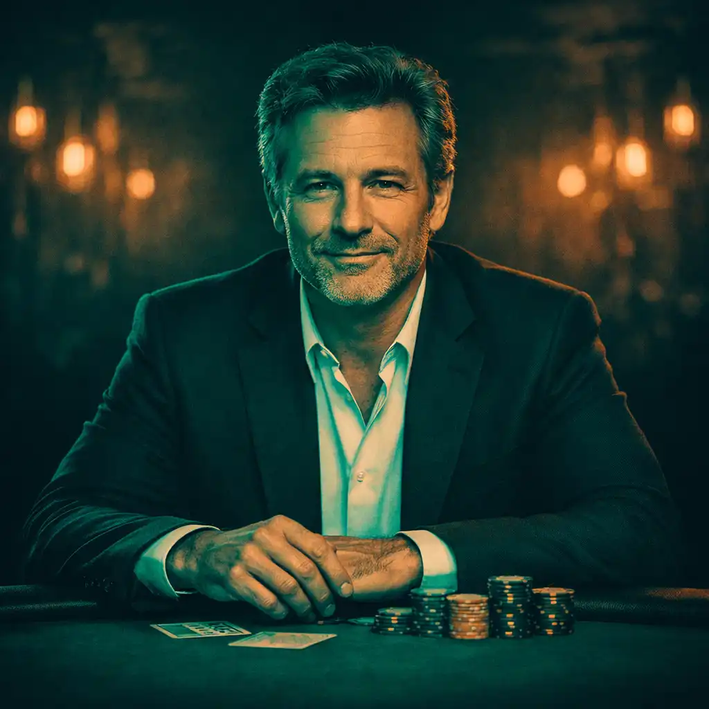 Portrait of David Okafor, a distinguished male poker player in a navy blazer