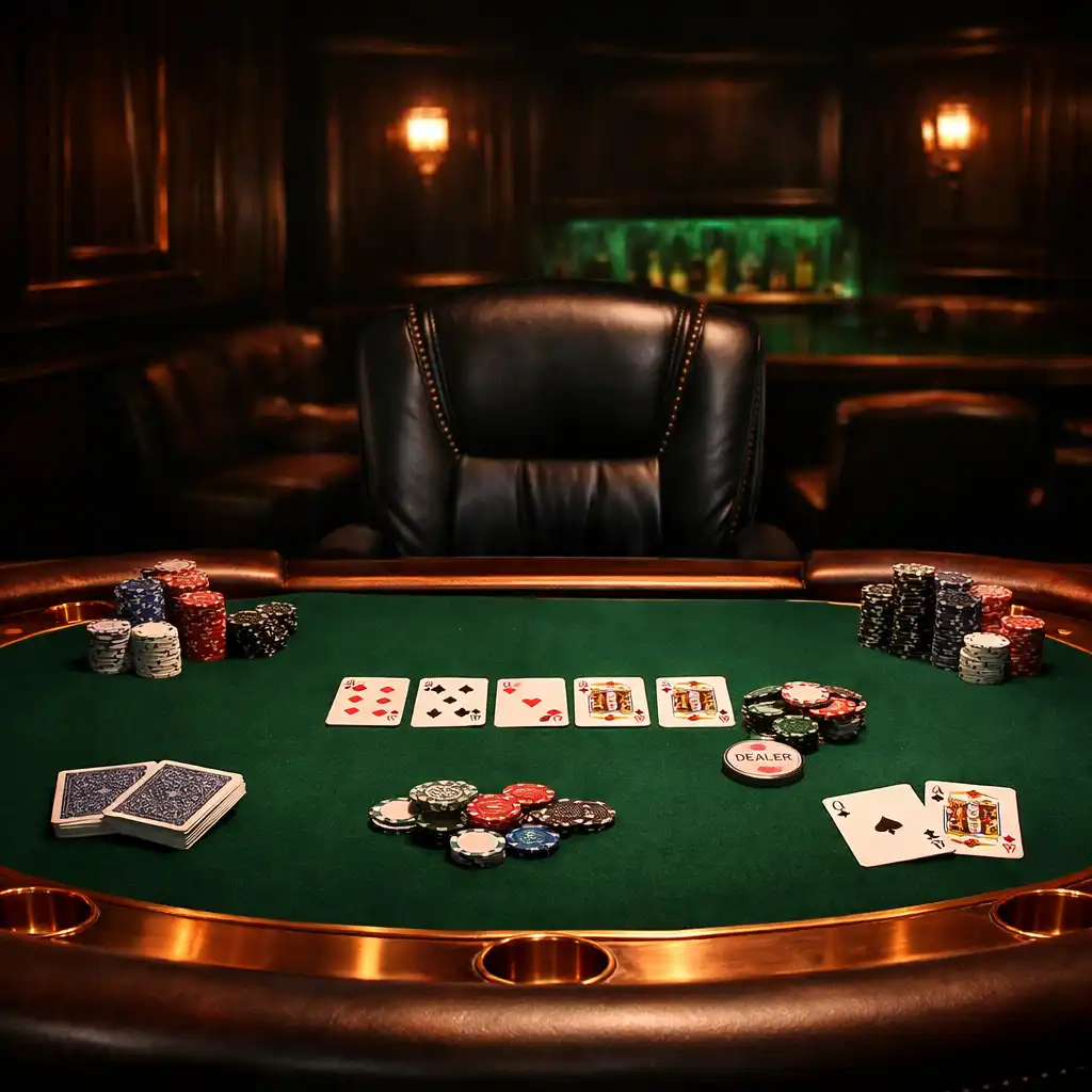 Exclusive poker room with a green felt table, chips, cards, and dark wood paneling under dim emerald lighting