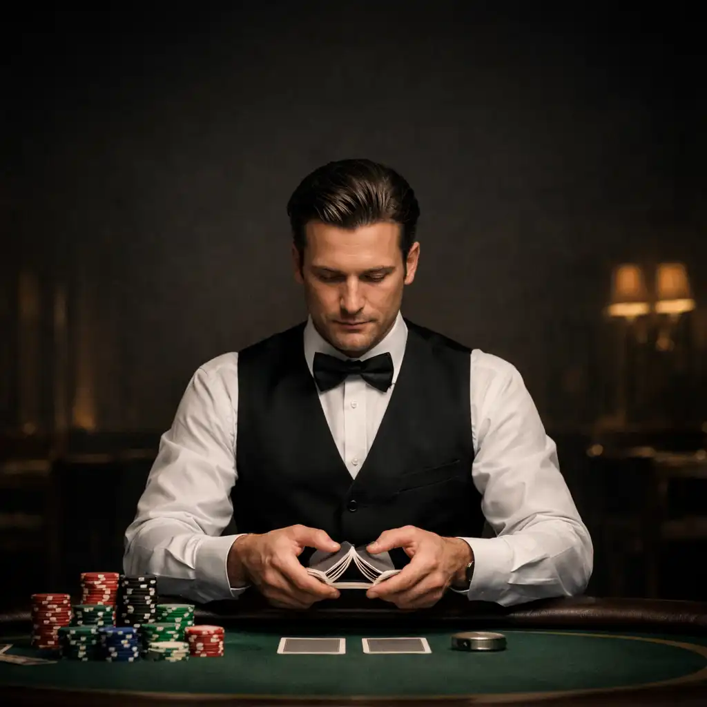 Professional poker dealer in formal attire shuffling cards at a table