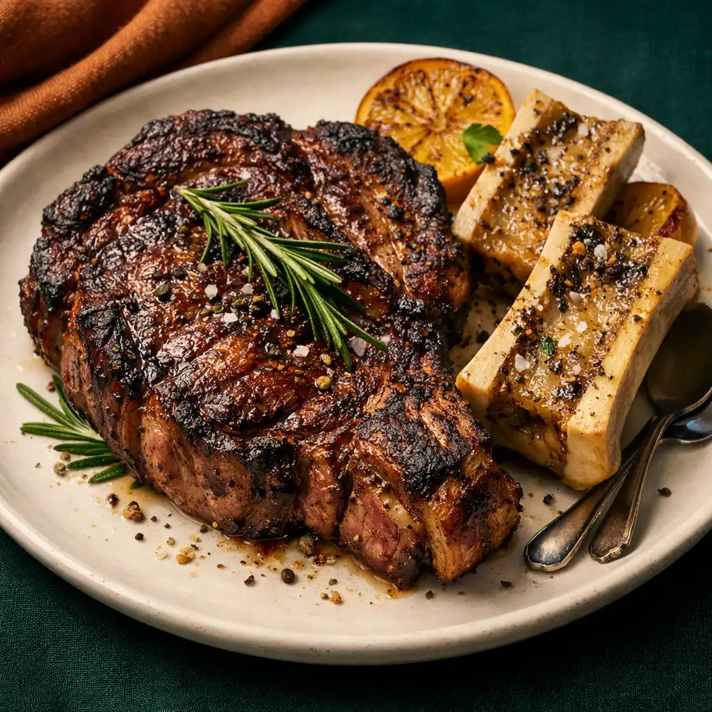 Dry-aged ribeye steak with rosemary and roasted bone marrow