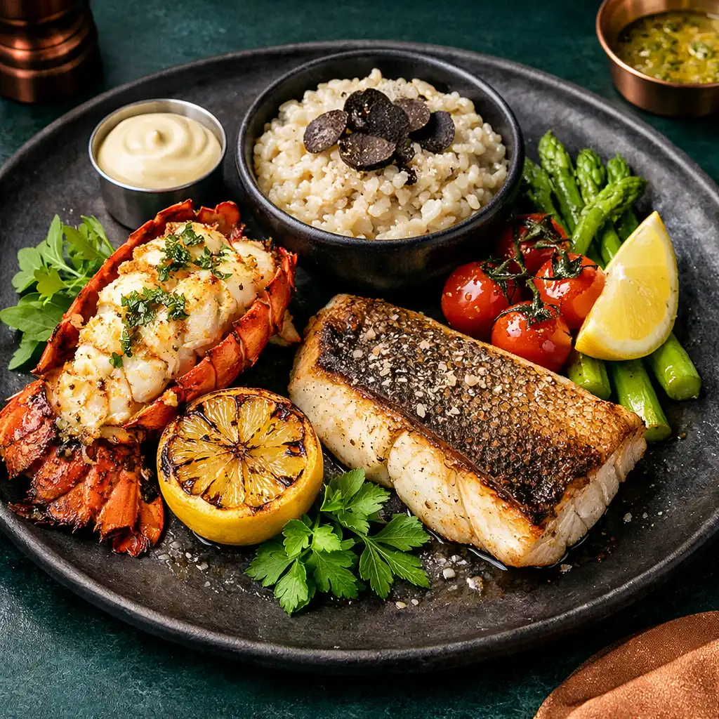 Seafood platter with grilled lobster tail, barramundi, and truffle risotto