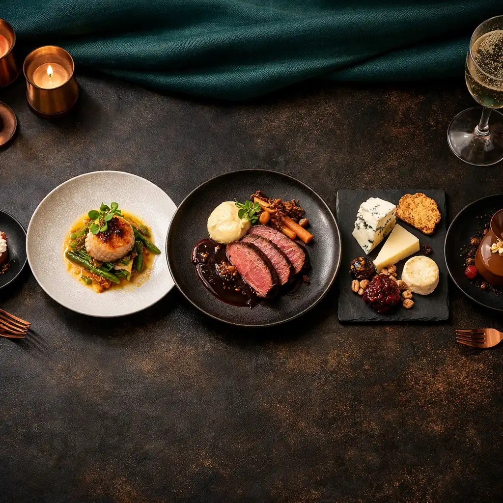 Five-course tasting menu with amuse-bouche, seafood entrée, steak main, cheese, and dessert