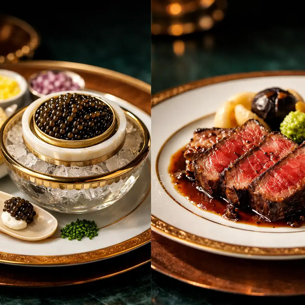 Seven-course tasting menu featuring caviar service and Wagyu course
