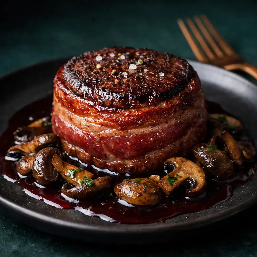 Tenderloin filet wrapped in smoked bacon with red wine reduction
