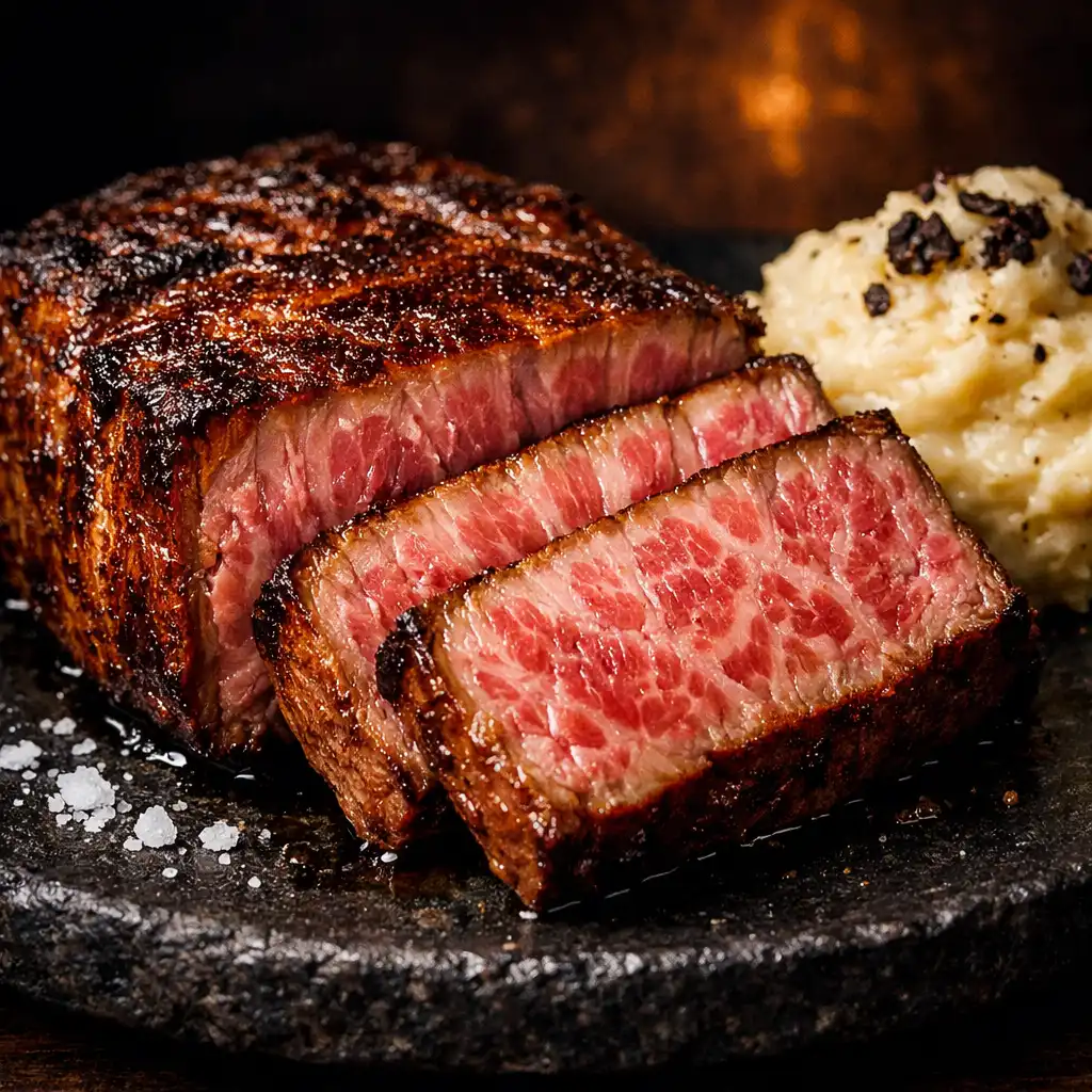 Sliced A5 Wagyu striploin with truffle mashed potatoes